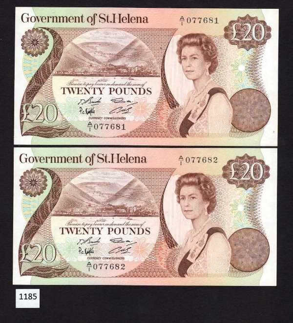 (BN-1185) St Helena Pick 10a,   £20 UNC consecutive Pair, 077681/82