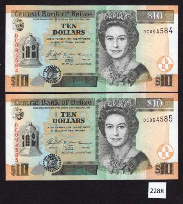 (BN-2288) Belize, P-68b UNC,  Consecutive pair, $10 of 2005 #584-585, last pair!
