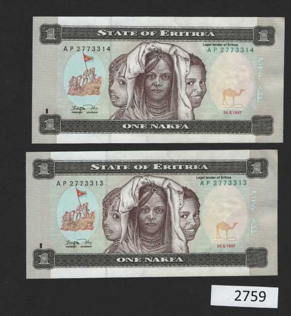 (BN-2759) Eritrea P-1 UNC,  1 Nakafa, 1997, First Banknote, Consecutive Pair