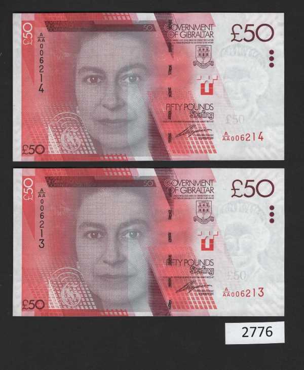 (BN-2776) Gibraltar P-38 UNC,  £50 of 2010, A Consecutive Pair, Block A/AA