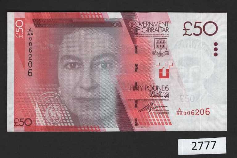 (BN-2777) Gibraltar P-38 UNC,  £50 of 2010 with serial # A/AA 006206