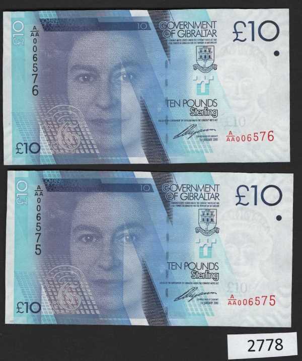 (BN-2778) Gibraltar P-36 UNC,  £10 of 2010, A Consecutive Pair, Block A/AA