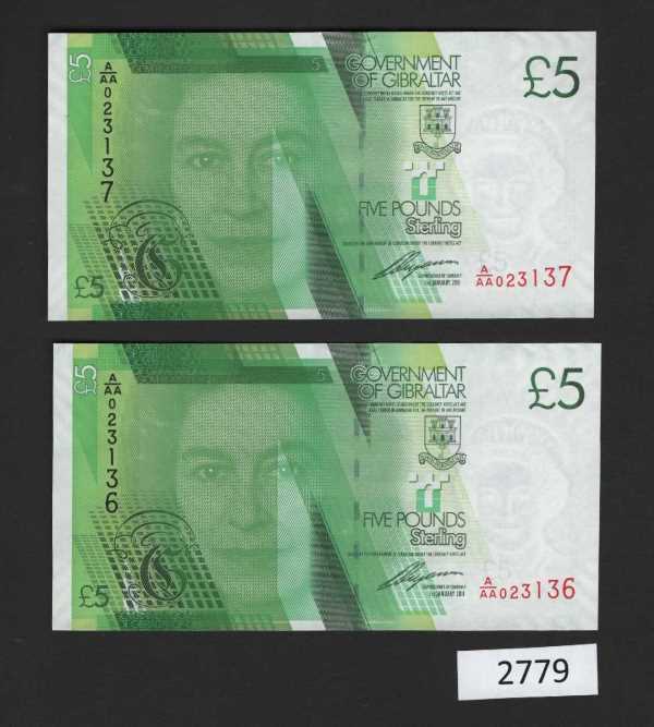 (BN-2779) Gibraltar P-35 UNC,  £5 of 2010, A Consecutive Pair, Block A/AA
