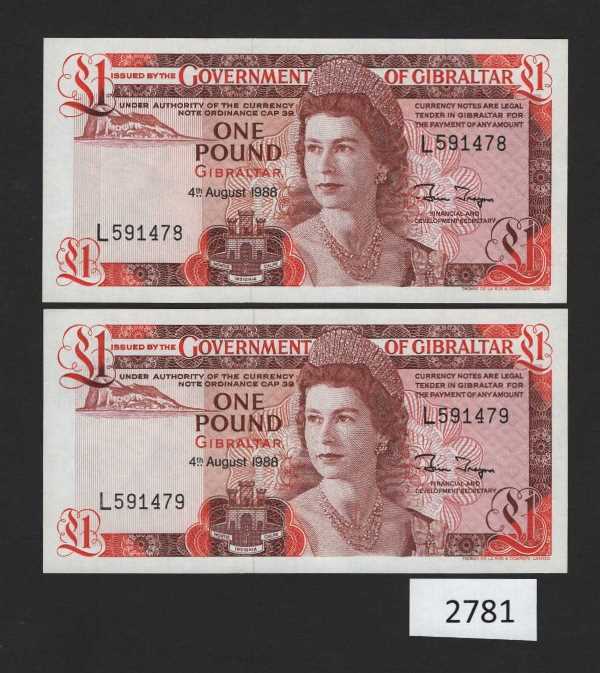 (BN-2781) Gibraltar P-20e UNC,  £1 of 1988, A consecutive Pair